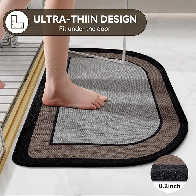 Half Circle Bath Mat, Thin Bathroom Rugs Fit Under Door Quick Dry Non Slip Washable Bathroom Mat with Rubber Backing, Absorbent Woven Half Round Shower Mat Rug,Gray Gray Brown