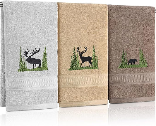 3 Pcs Farmhouse Cabin Bear Hand Towels Forest Moose Deer Embroidered Rustic Decorative Bathroom Towels for Bathroom Kitchen Decor, 100% Cotton, 13.3 x 29.5''