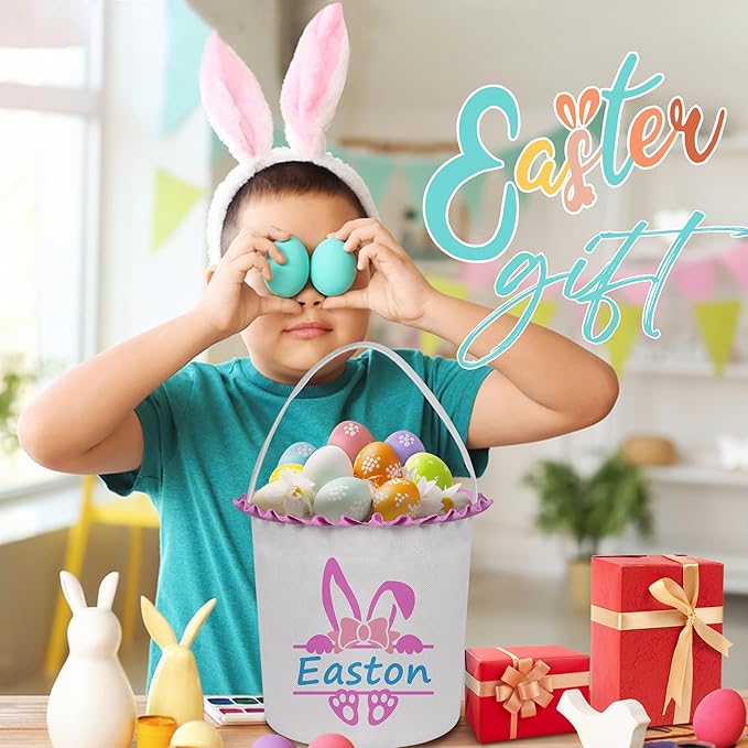 Easter Baskets for Girls Boys, Personalized Easter Basket with Name - Pink Bow Bunny
