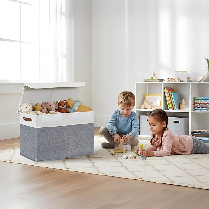 DECOMOMO Large Toy Storage Box with Lid - 25" x 12" x 16" Toy Chest Storage Bin with Divider for Kids, Nursery, Playroom (Grey & White)