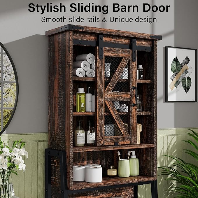 Over The Toilet Storage Cabinet with Sliding Barn Door, Over Toilet Bathroom Organizer with Adjustable Shelves and Metal Frame, Farmhouse Space Saver The Toilet Rack (Brown)
