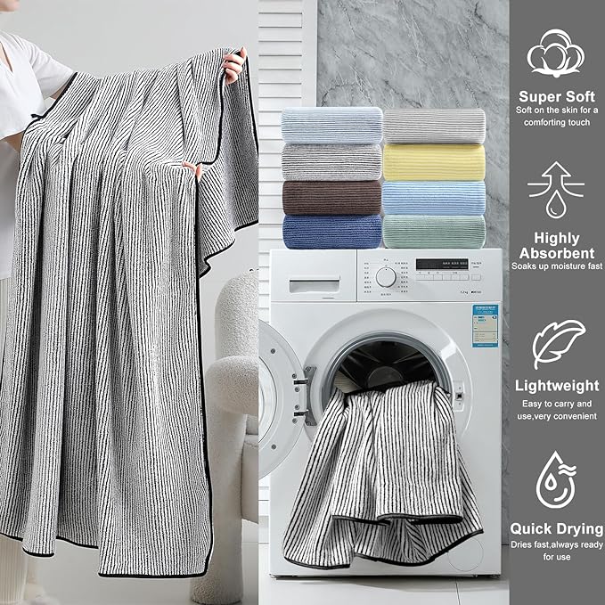 8-Piece Premium Towel Set for Bathroom|2 Oversized Large Bath Sheet 35”x70”,2 Hand Towels,4 Washcloths|Soft Cozy Absorbent Fast Dry Polyester Shower Towel Set for Hotel Bathroom Essentials,Black White