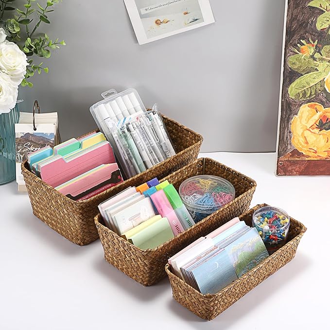 3 Natural Wicker Basket Set Rectangular Handwoven Seagrass Basket Storage Bins Home Organizer Bins - Household Basket Box for Shelf Wardrobe Desktop Home Decor (Caramel)