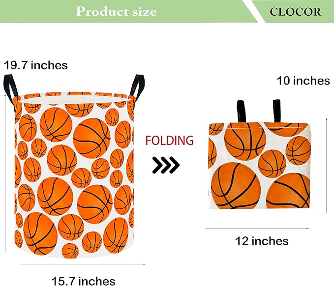 CLOCOR Round Collapsible Flat Storage Basket,Space-Saving Fabric Laundry Hamper for Clothes,Nursery Hamper,Gift Basket(Basketball)