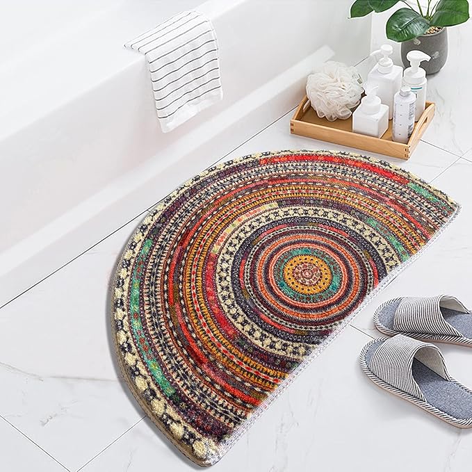 Half Round Door Mat,Semi Circle Bathroom Floor Rug,Mandala Boho Bohemian Non-Slip Welcome Entrance Way Absorbent Bath Mat,Microfiber Tufted Indoor Rug for Kitchen Living Room (Multicolor)…