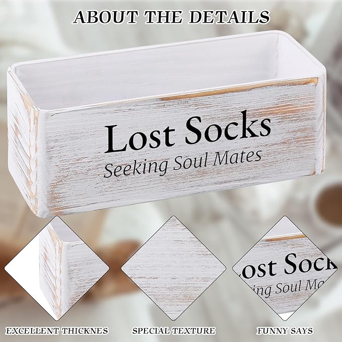 Farmhouse Lost Socks Storage Funny Laundry Sign Wooden Storage Basket Laundry Room Decor (11.02 x 3.54 x 3.54 Inch)