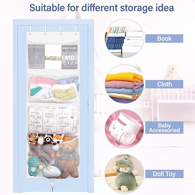 Hanging Stuffed Animal Storage, Over Door Large Plush Toy Organizer with Metal Hook, Baby Accessory Holder Idea for Nursery, Doll & Bear Mesh Hammock Bag for Girl Boy Kid Room