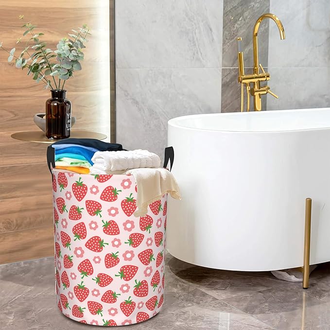 Pink Strawberry Large Storage Basket,Vintage Groovy Flower Laundry Hamper/Bathroom/Home Decor/Collapsible Round Storage Bin,Boys Girls Dirty Clothes Hamper/Boxes/Toys Storage 16x20 Inch