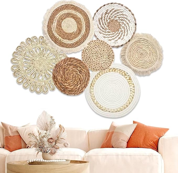 Boho Wall Baskets 7Pcs/Set Different Size & Style Boho Wall Basket Decor Straw Woven & Round Decorative Art for Living Room Bedroom Farmhouse Nursery Baskets, Basket Deco
