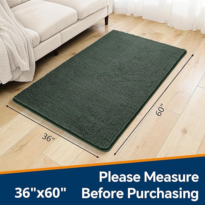 Hunter Green Bathroom Rugs 36"x60" - Large Plush Chenille Non-Slip Runner Bath Mat - Absorbent, Washable, Soft Decor for Shower, Sink, Tub, Floor, Home Accessories