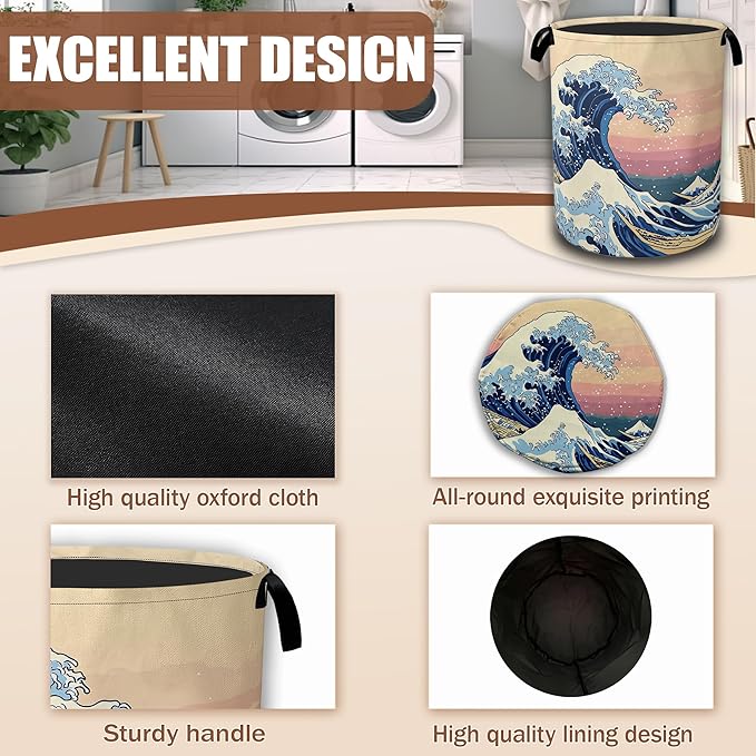 Japanese Ocean Waves Laundry Basket,Waterproof Foldable Laundry Hamper,Dirty Clothes Basket, Linen Bin Storage Organizer Collection 16" x 20.8"