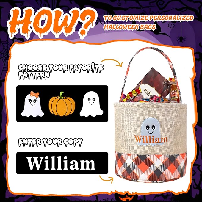 Personalized Halloween Basket, Custom Trick or Treat Bag with Name, Hand-Woven Candy Bucket, Spooky Decor for Boys & Girls (Style 2)