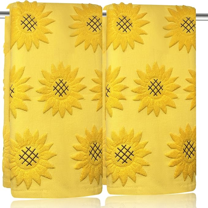2pcs Sunflower Hand Towels for Bathroom Decorative Towels Set 100% Cotton Yellow Jacquard Spring Summer Floral Bath Towels Dish Kitchen Towels Kitchen Bathroom Decor Gift (Sunflower Yellow)
