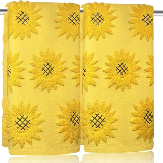 2pcs Sunflower Hand Towels for Bathroom Decorative Towels Set 100% Cotton Yellow Jacquard Spring Summer Floral Bath Towels Dish Kitchen Towels Kitchen Bathroom Decor Gift (Sunflower Yellow)