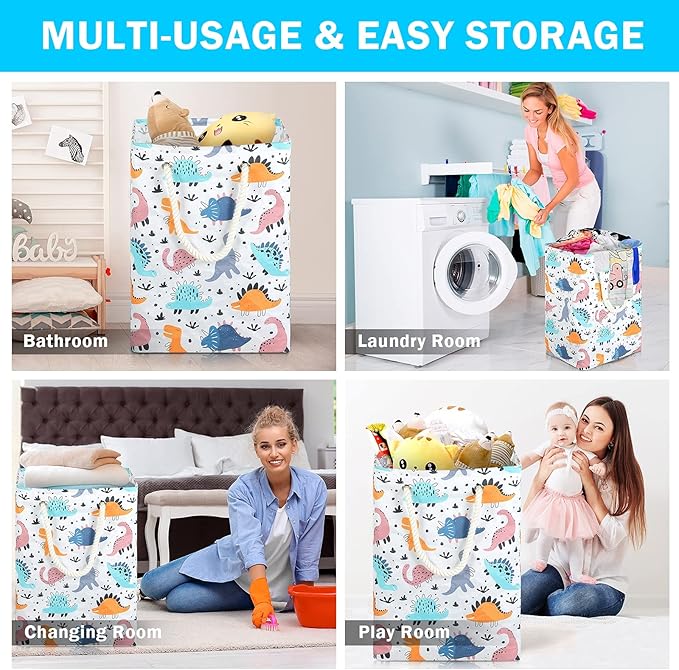 Dinosaurs Laundry Hamper, 78L Large Collapsible Tall Laundry Basket Waterproof Dirty Clothes Bag with Cotton Ropes Handles Washing Storage Bin for Clothes, Toys, Nursery, Bedroom, Bathroom, College