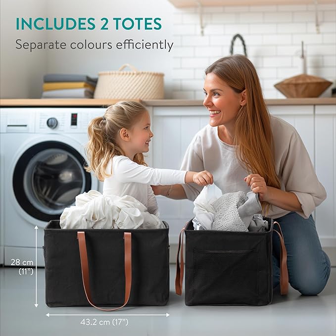 Navaris Collapsible Laundry Bin - Set of 2 - Foldable Clothes Basket - Small Slim Wash Bin - Double Hamper for Lights and Darks - Washing Up Bag Bins - Black