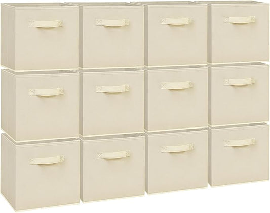 Easi 11 inch Cube Storage Bins, 12 Storage Cube Organizer, Collapsible Fabric storage cubes with Handles, Closet Storage Basket For Organization, Shelf Basket For Shelves Clothes Books, Beige