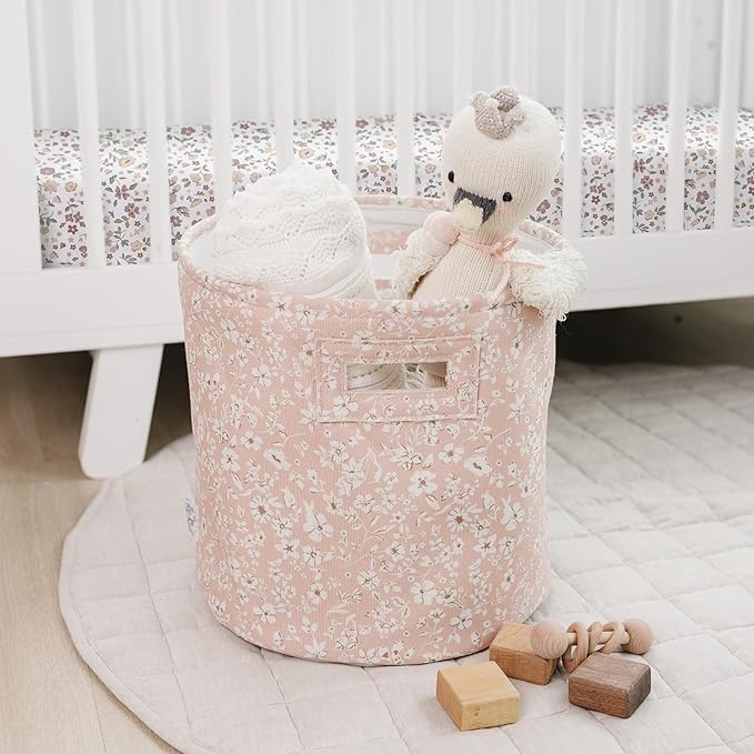 Sorrel + Fern Nursery Storage Basket (Fleurette), Soft Collapsible Fabric Toy Bin, Floral-Inspired Organizer for Playroom or Nursery, Gender-Neutral Decor, 13 × 13 Inches
