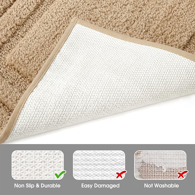 HOMEIDEAS Bathroom Rugs Sets 3 Piece, Super Soft and Absorbent Non Slip Microfiber Toilet Bath Mat with U-Shaped for Bathroom, Farmhouse (Khaki)