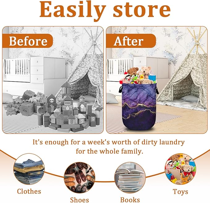 Purple Gold Marble Laundry Basket with Sturdy Handles, Collapsible Oxford Cloth Laundry Hamper Organizer Basket for Bathroom Bedroom 15.7x20 Inch