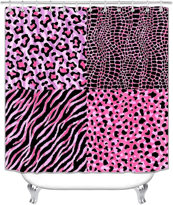 4PCS Pink Leopard Print Shower Curtain Set, Crocodile Zebra Cheetah Print Safari Animals Skin Fur Fashion Glam Teenage Girls Women Bathroom Decor, Non-Slip Bath Mat Toilet Rug, Chic Patchwork