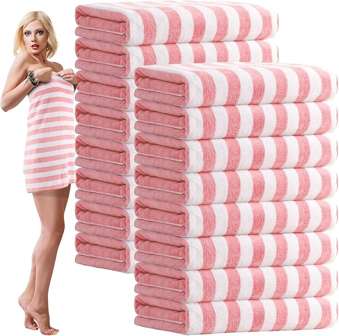 16 Pack Microfiber Bath Towels Bulk 27'' x 60'' Oversized Size Bath Towel Highly Absorbent Extra Large Soft Drying for Shower Beach Winter Salon Sport Gym Party (Stripes,Pink)