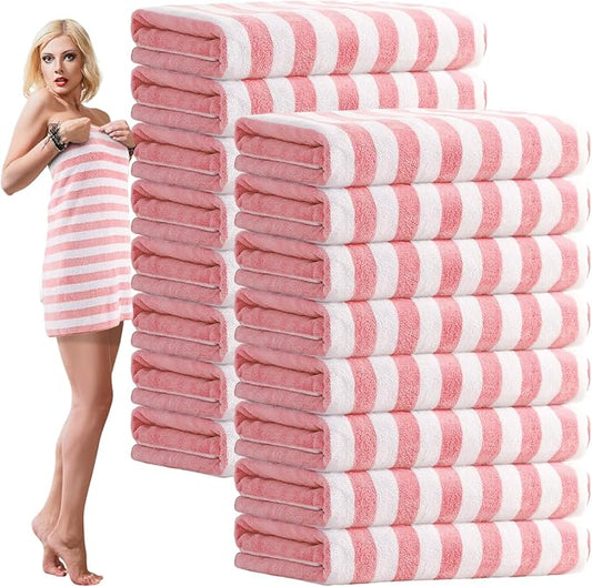 16 Pack Microfiber Bath Towels Bulk 27'' x 60'' Oversized Size Bath Towel Highly Absorbent Extra Large Soft Drying for Shower Beach Winter Salon Sport Gym Party (Stripes,Pink)