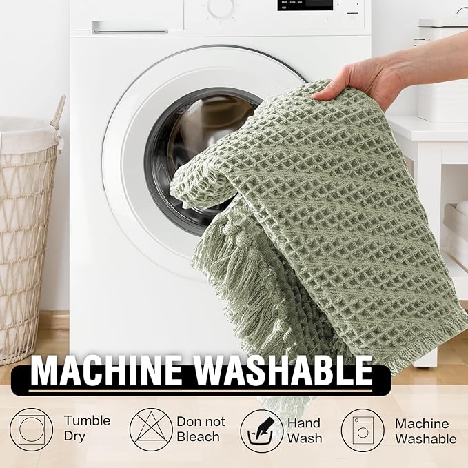 H.VERSAILTEX Waffle Bath Mat Super Absorbent Boho Bath Mat Non Slip Bath Rugs for Bathroom Floor Machine Washable Dry Fast Bathroom Rugs with Tassels (47 x 17 Plus 17 x 24 Inches, Sage)