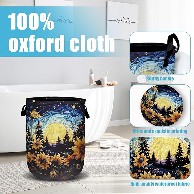 Starry Sky Sunflower Laundry Basket, Moon Flower Laundry Hamper Collapsible Oxford Cloth with Handle Clothes Toy Storage Bin for Bathroom Laundry Room Bedroom 15.7 X 20 Inch