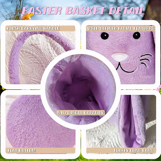 Easter Bunny Basket for Kids, Fluffy Easter Egg Hunt Bag Soft Fabric, Cute Rabbit Tote Bags with Long Plush Ear Easter Tote Bags for Candy Gifts Storage (Purple)