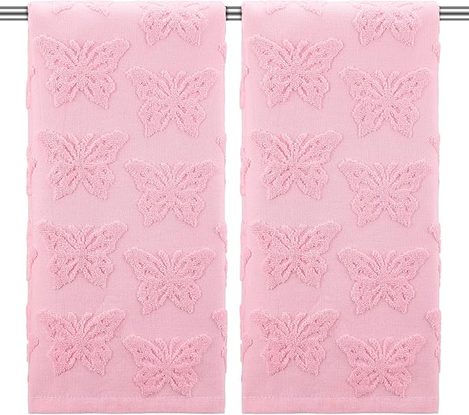 2 Pcs Butterfly Hand Towels for Bathroom Pink Butterfly 100% Cotton Jacquard Weave Bath Towel Set Soft Absorbent Dish Washcloth for Women Bathroom Kitchen Summer Gifts 13.8 x 29.5 Inch