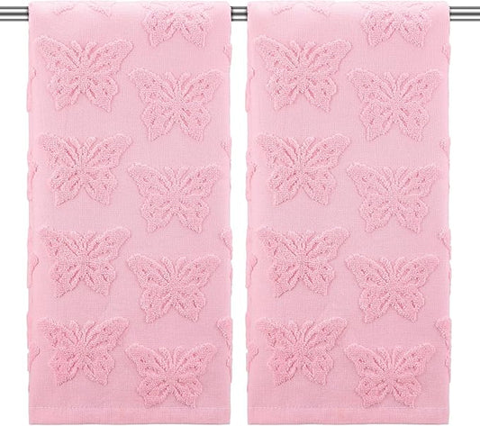 2 Pcs Butterfly Hand Towels for Bathroom Pink Butterfly 100% Cotton Jacquard Weave Bath Towel Set Soft Absorbent Dish Washcloth for Women Bathroom Kitchen Summer Gifts 13.8 x 29.5 Inch