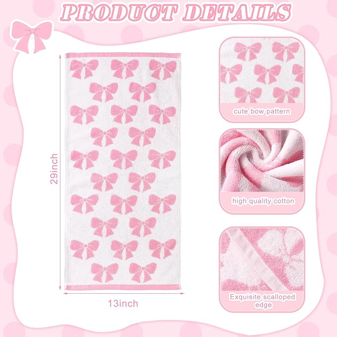 4 Pcs Pink Bow Hand Towels for Bathroom 13 x 29'' Soft 100% Cotton Coquette Face Towel Valentine's Day Kitchen Decor Absorbent Preppy Bathroom Decor Bridal Shower Wedding Gift