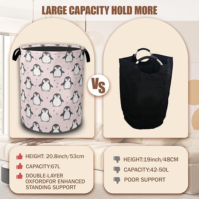 Cute Penguin Laundry Hamper,Pink Laundry Baskets,Waterproof Oxford Cloth Toy Storage for Bedroom,Bathroom,Nursery,16x20.8 Inch