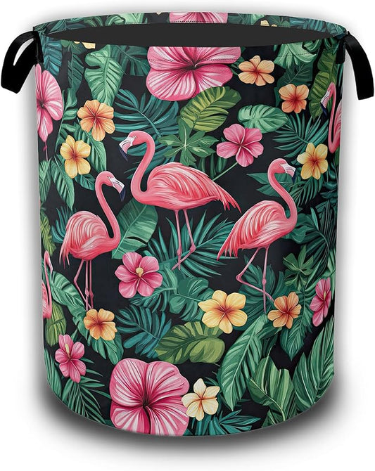 Tropical Palm Laundry Basket,Flamingo Watercolor Laundry Hamper Waterproof Oxford Cloth Tote Collapsible,Clothes Storage Bucket Decorative Toy Organizer For Bathroom Bedroom 16" x 20.8"
