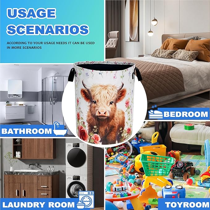 Cute Highland Cow Laundry Basket Oxford Cloth Animal Laundry Hamper With Handle Foldable Portable Clothes Storage Basket 18.9 X 16.5 Inch Storage Bag For Laundry Room/Bathroom/Bedroom/Dormitories
