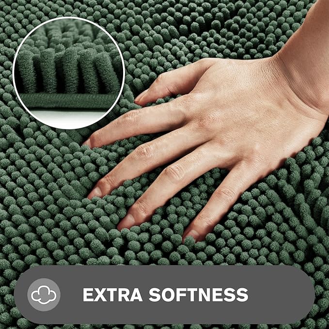 Hunter Green Bathroom Rugs – Absorbent and Washable Bath Mat, Non-Slip, Thick Soft Chenille Bath Rugs for Bathroom Floor, Shower, Sink - 26" x 44"