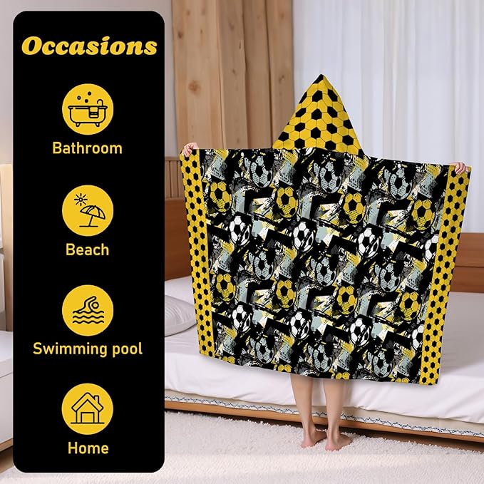 Hooded Towels for Kids Soccer 50" x 30" Toddler Bath Beach Towel Poncho with Hood Super Soft and Absorbent 100% Microfiber for Boys Ages 3-10