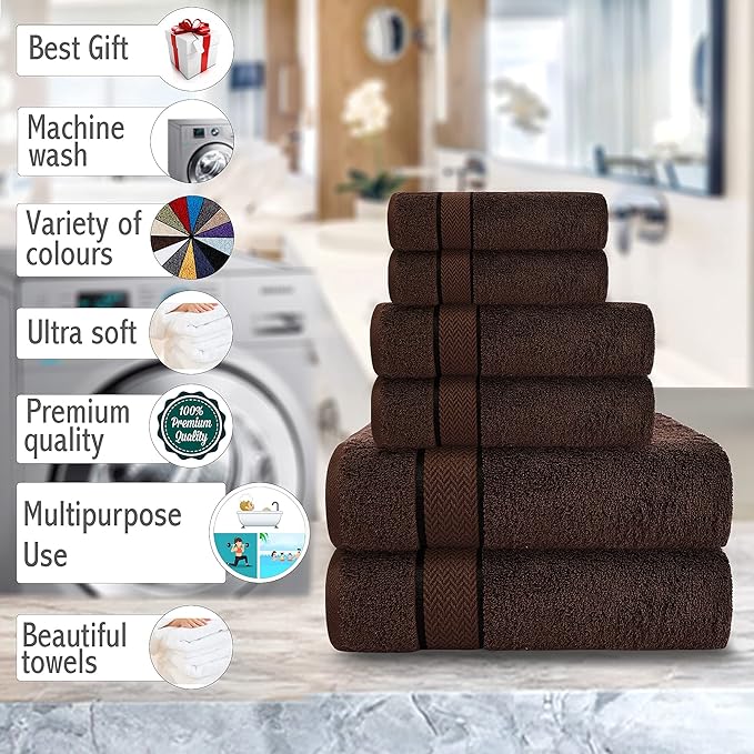 6 Piece Luxury Bathroom Towels Set - 100% Cotton, Dark Brown/Chocolate, Includes 2 Bath Towels, 2 Hand Towels, and 2 Washcloths - Quick Dry, Absorbent, Plush, Soft