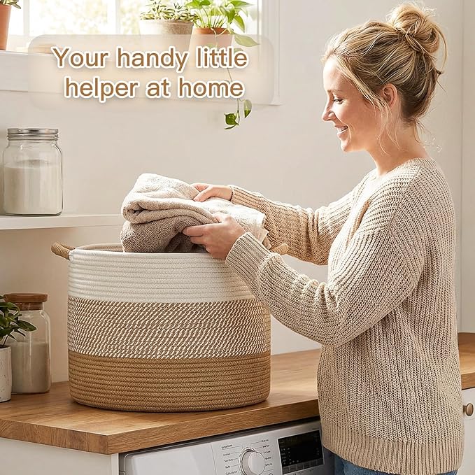 Large Natural Woven Blanket Basket, 70L Boho Decorative Cotton Rope Basket for Blankets Pillows and Toddler Toy Storage, Rope Blanket Storage for Living Room, Laundry, Nursery (Brown)