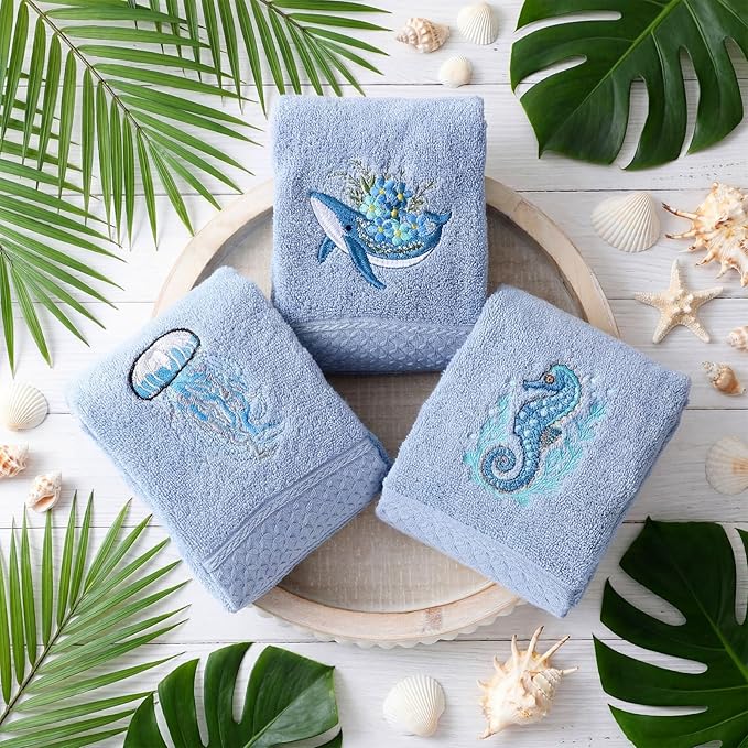 3 Pack Ocean Hand Towels for Bathroom 100% Cotton Embroidered Seahorse Jellyfish and Floral Whale Soft Absorbent Bathroom Towels Sea Coastal Hand Towel Gift for Summer Holiday, 13.78 x 29.53
