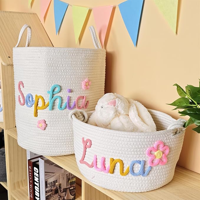 JUPPE Custom Baby Shower Basket, Personzlized Basket with Baby Name, Baby Boy Girl Storage Organizer Cotton Rope Nursery Decor Newborn Gift (XL Basket)