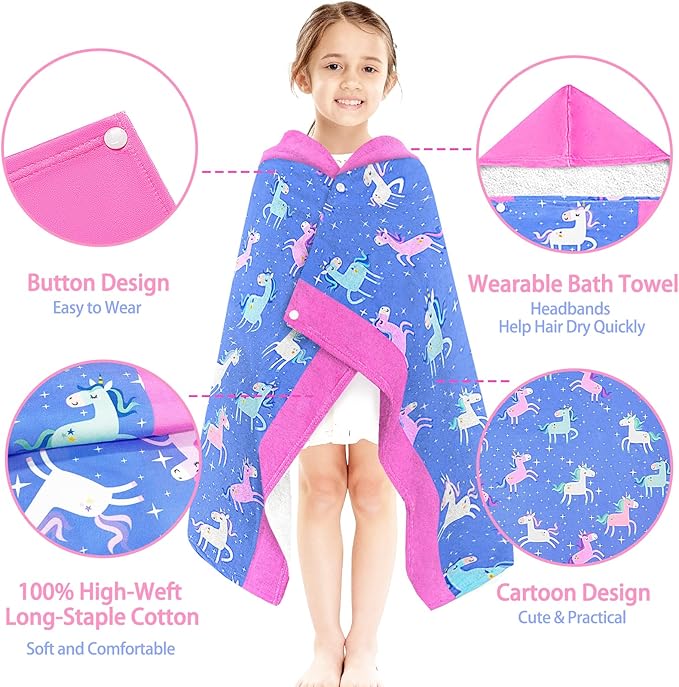 Hooded Beach Towel for Kids - Soft Thick Cotton Starry Sky Unicorn Toddler Hood Bath Towels/Pool Terry Towel Poncho Wrap Absorbent Cute Bath & Swim Wrap for Boys & Girls 3-10 Years - Blue