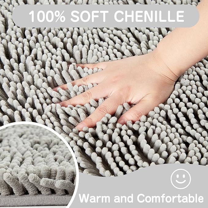 Grey Chenille Bathroom Rug 17"x24" Inch - Non Slip Absorbent Bath Mat for Shower, Quick Dry Machine Washable Floor Mats, Soft Plush