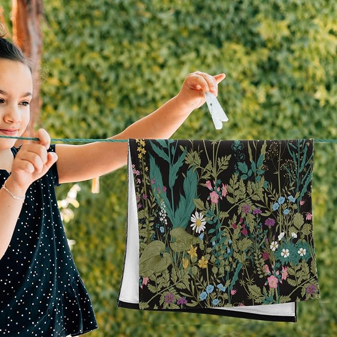 2 Pcs Green Herbs Wild Flower Decorative Hand Towels for Bathroom,Soft Absorbent Vintage Spring Floral Botanical Black Dish Towels for Kitchen,Quick Dry Guest Bathroom Towels for Face 14"x28"