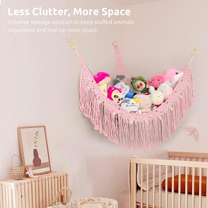 Large Stuffed Animal Hammock, Stuffed Animal Storage Toy Hammock Net for Stuffed Animals Corner, Plushie Net Hammock Toy Organizer for Boho Playroom Baby Nursery Decor