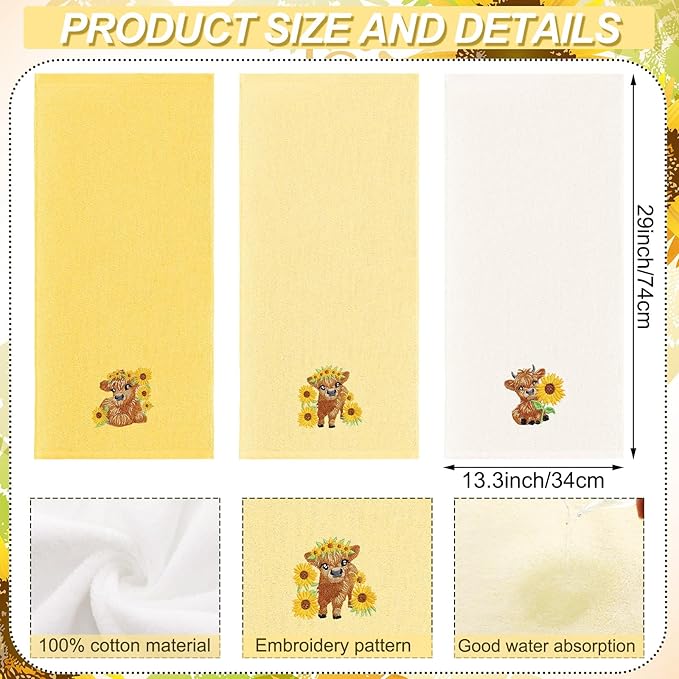 3 Pcs Sunflower Highland Cow Hand Towels Embroidered Highland Cow Farmhouse Yellow Decorative Bathroom Towels for Bathroom Kitchen Decor, 100% Cotton, 13.3 x 29.5''