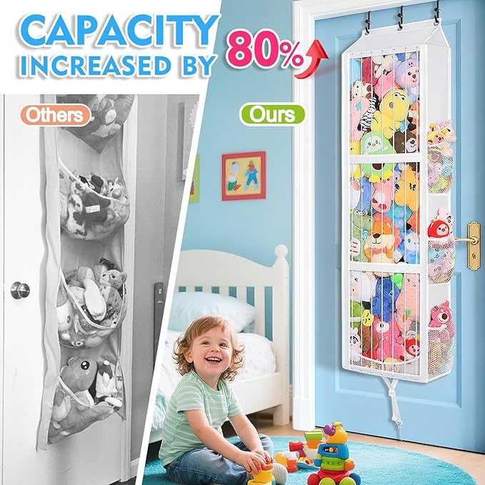 Toread Over the Door Stuffed Animal Storage – Elastic Rope Easy Access 70+ Soft Toy & Adjustable No-Damage Hooks Plushy Organizers Suitable for Kids Room Toy Holder Bedroom Hanging Stuffie Storage.