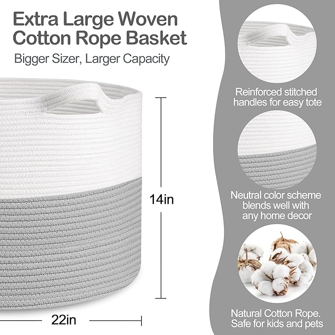 XXXL Large Cotton Rope Storage Bin, 22" X 14" Basket for Blankets Living Room, Woven Baby Kids Toy Storage Bin Box, Giant Throw Pillow Organizer Holder, Large Wicker Basket for Shoes, Gray