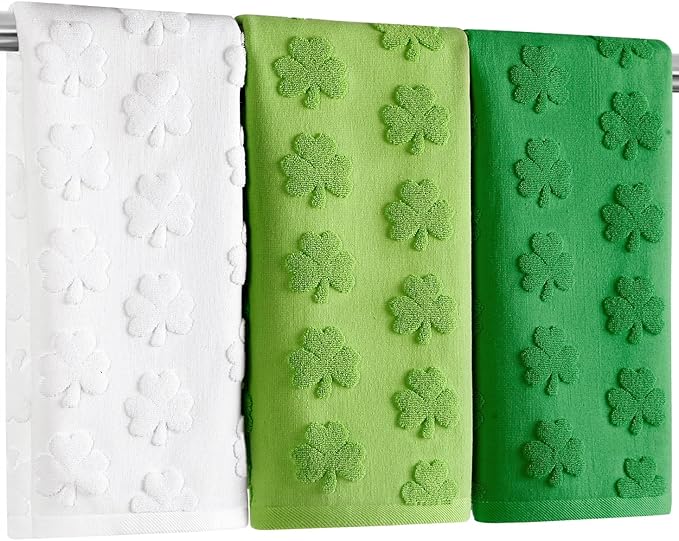 3 Pack St. Patrick's Day Hand Towels Green White Clover Shamrocks 100% Cotton Decorative Bathroom Towels Set for Drying, Cleaning, Cooking, Everyday Use,13.7'' x 29.5''